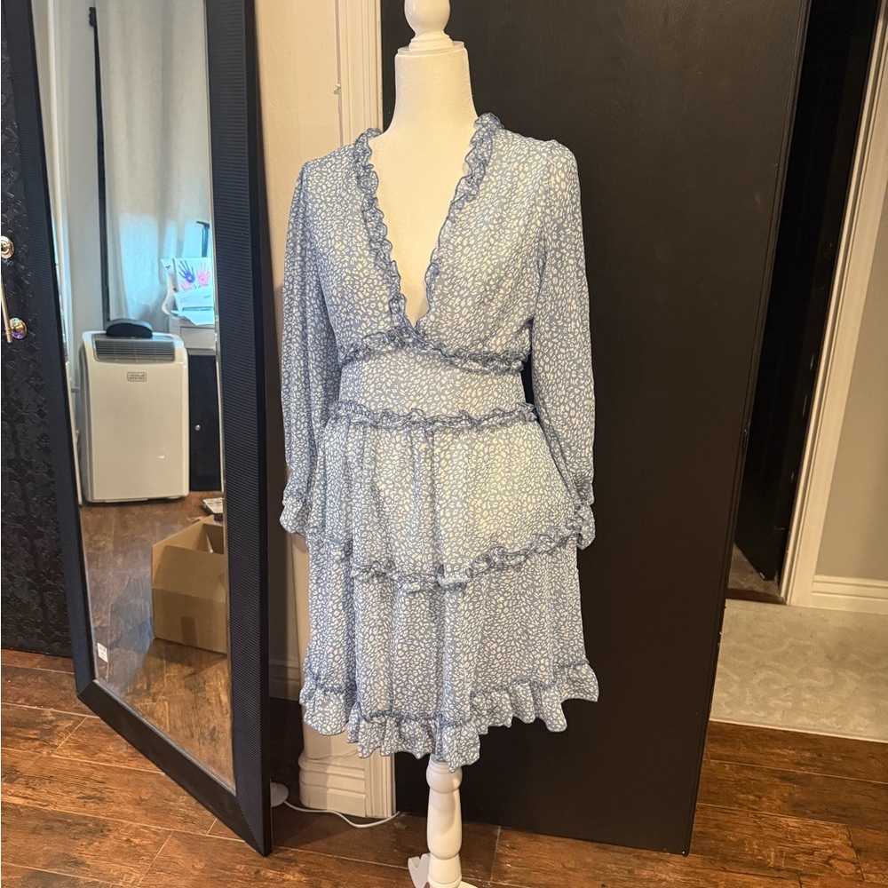 Light Blue Floral Ruffle Tiered Wrap Dress